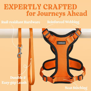 Orange dog harness and leash set with text highlighting features on a beige background at Pet Servo