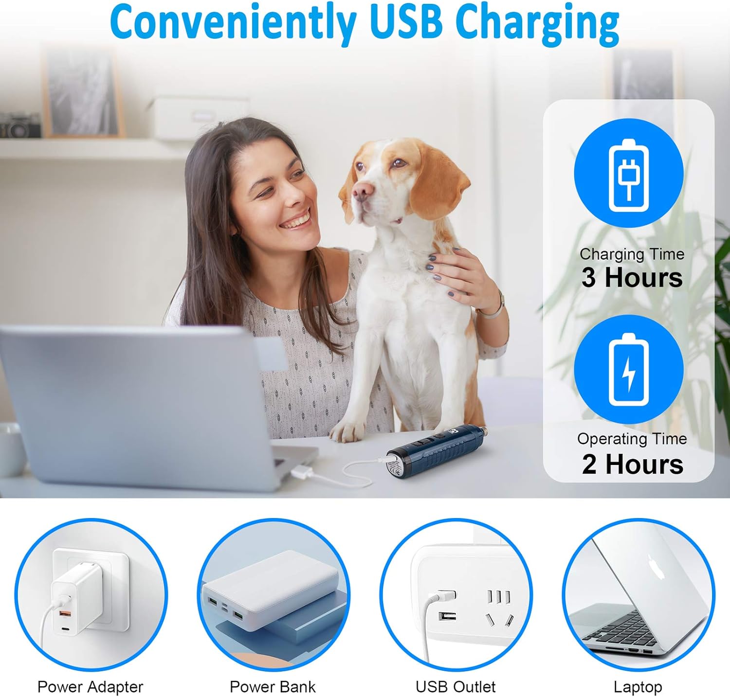 Woman with a dog using a laptop, with charging time and operating time graphics displayed at Pet Servo