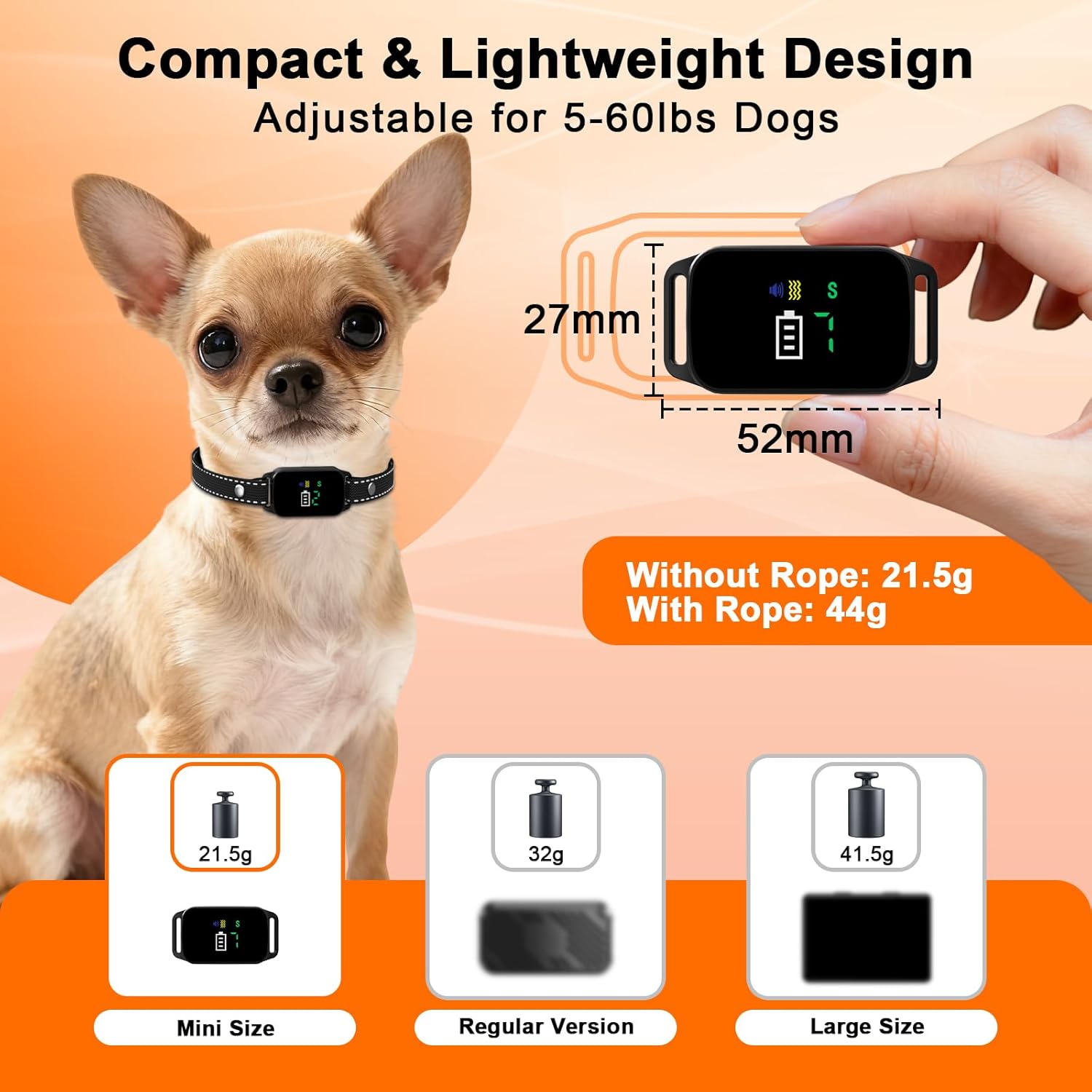Dog collar with adjustable features and measurements on an orange background at Pet Servo