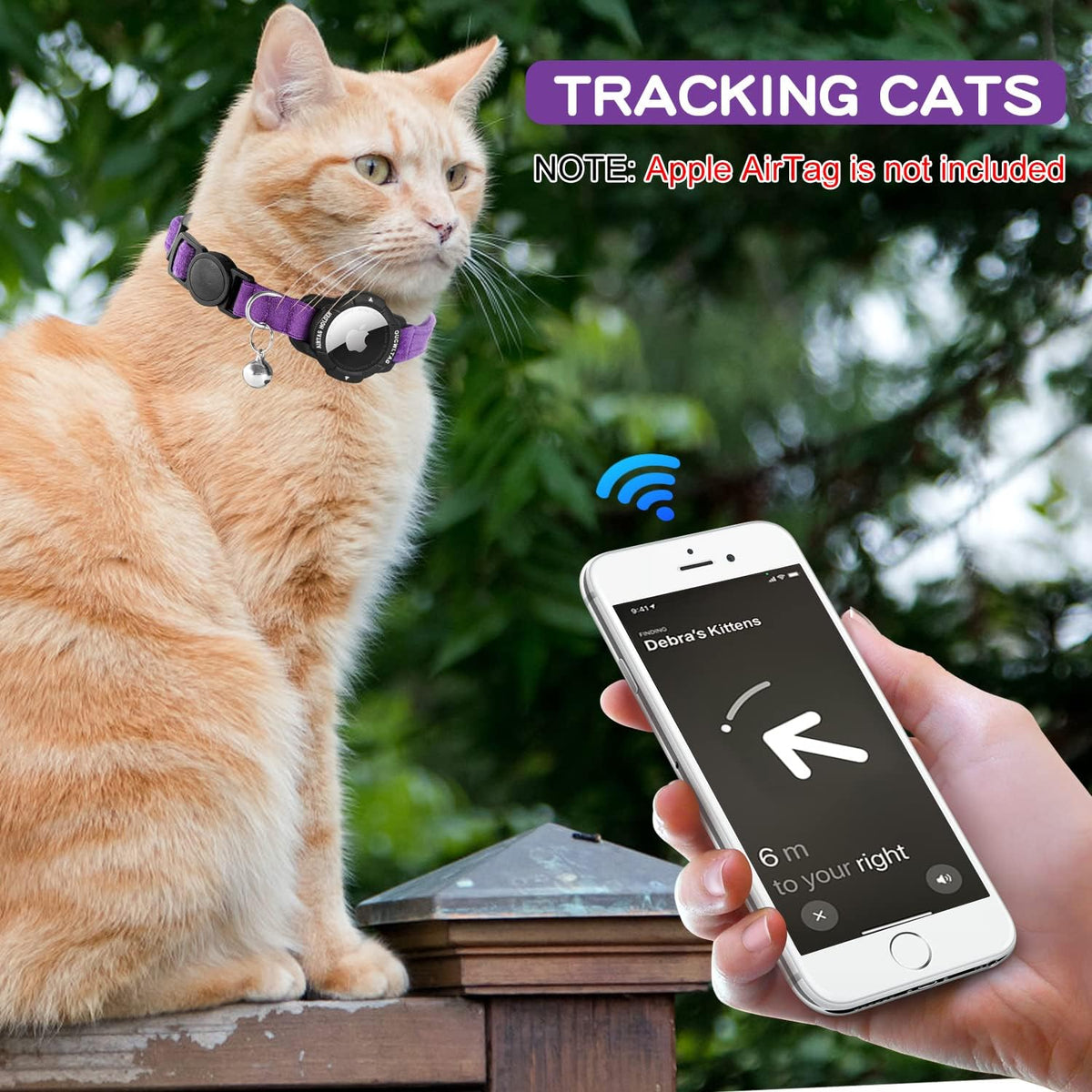 An orange tabby cat wearing a purple and black pet collar sits on a wooden fence outdoors, with a hand holding a smartphone showing a tracking app screen. Text on the image says 'TRACKING CATS' and notes that an Apple AirTag is not included at Pet Servo