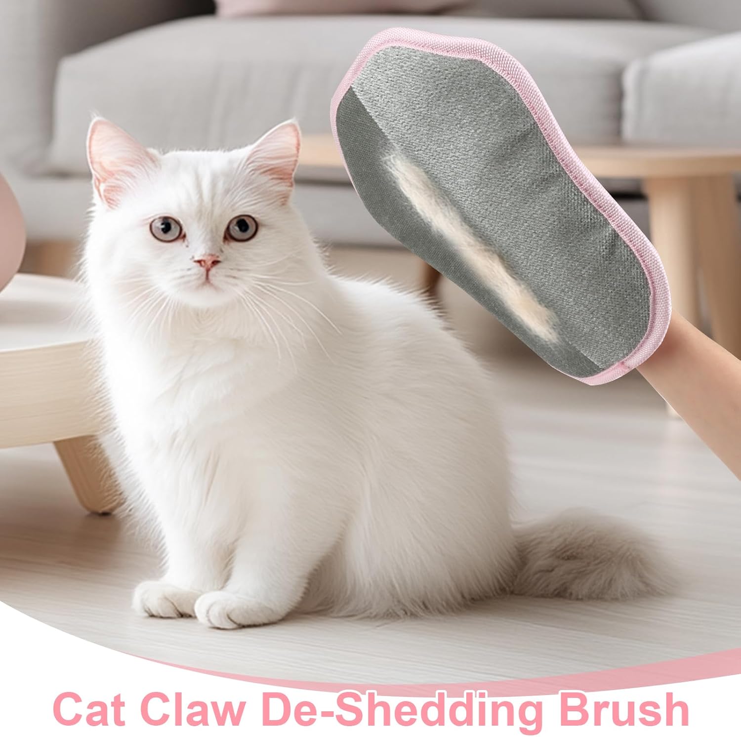 White cat sitting next to a grooming brush with text 'Cat Claw De-Shedding Brush' at Pet Servo