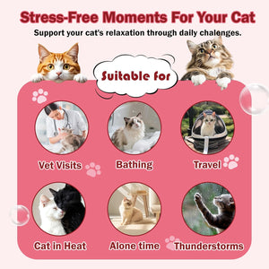 Product packaging for 'Stress-Free Moments For Your Cat' with images of cats and text about support for various cat situations at Pet Servo