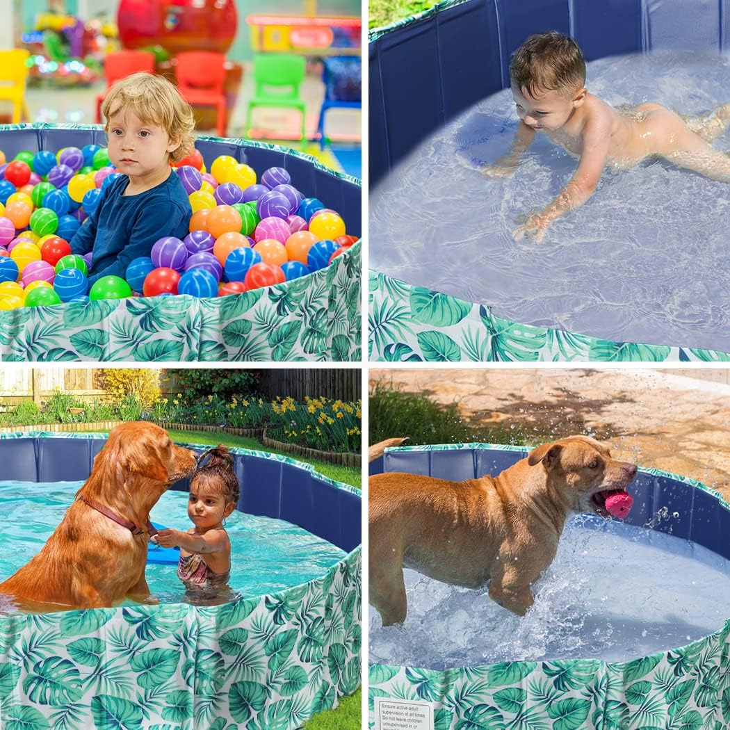 Collage of children and dogs playing in inflatable pools with colorful balls and water at Pet Servo