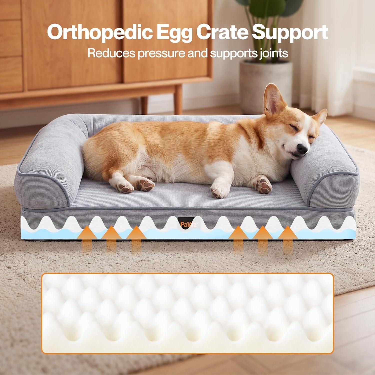 A corgi dog rests inside a gray orthopedic crate bed in a living room setting. The image includes marketing text at the top reading 'Orthopedic Egg Crate Support' and a diagram at the bottom illustrating support zones and a close-up of the cushion texture at Pet Servo