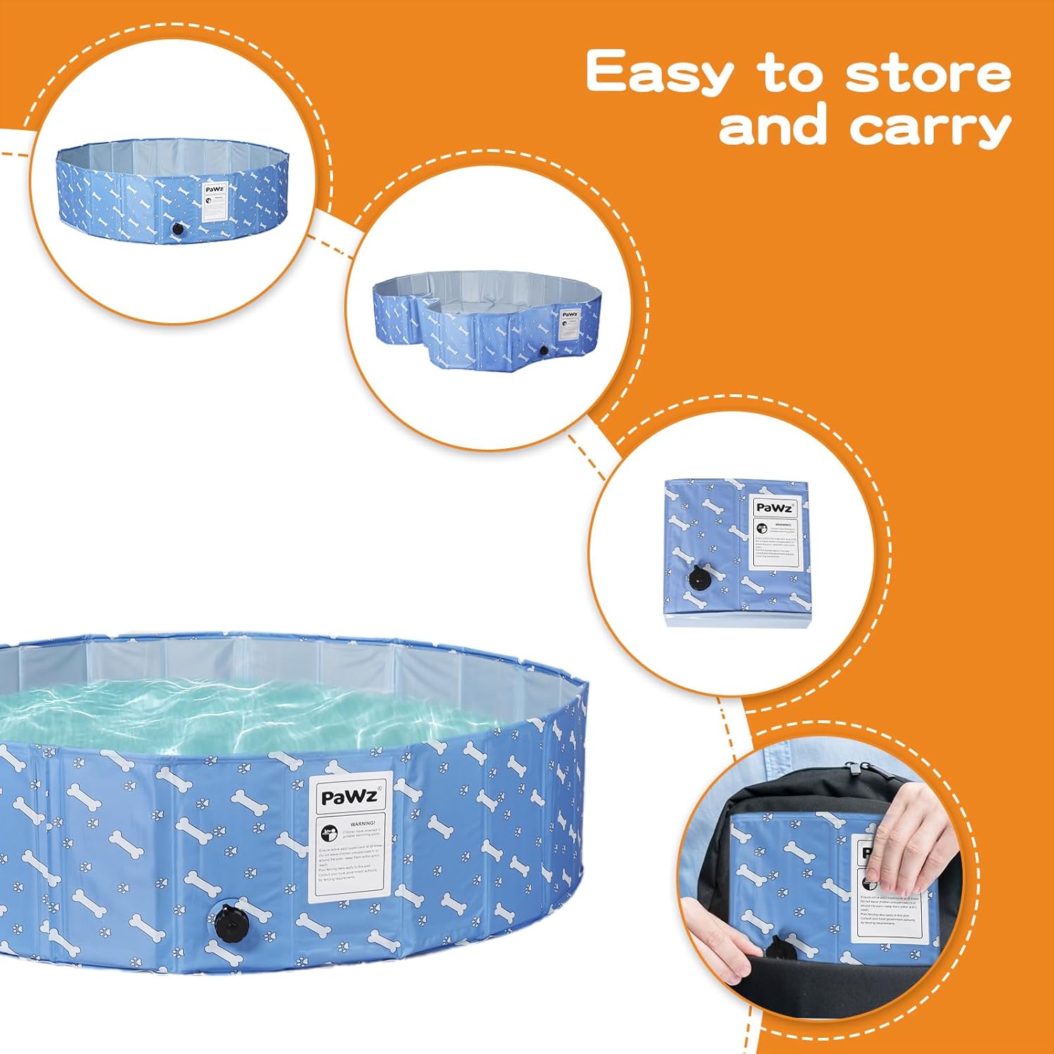 Foldable pet pool with storage bag on an orange background at Pet Servo