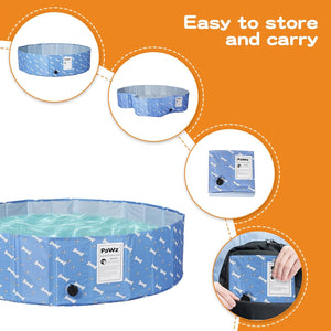 Foldable pet pool with storage bag on an orange background at Pet Servo