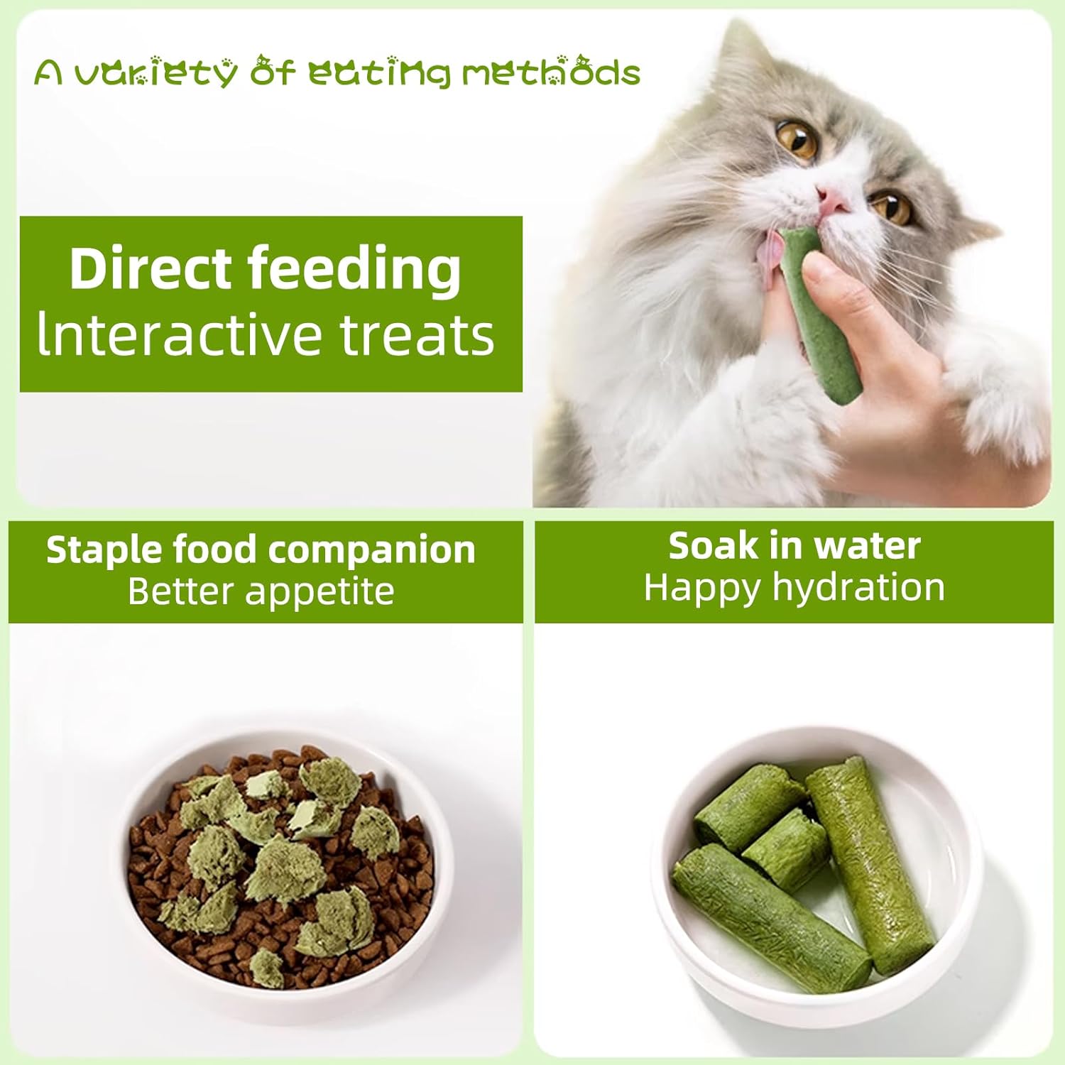 Cat being fed a treat, bowls of food with green treats, and text on feeding methods at Pet Servo