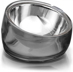 A modern oval-shaped ashtray with a clear smoky gray outer bowl and a polished silver metallic inner bowl, shown on a white background at Pet Servo