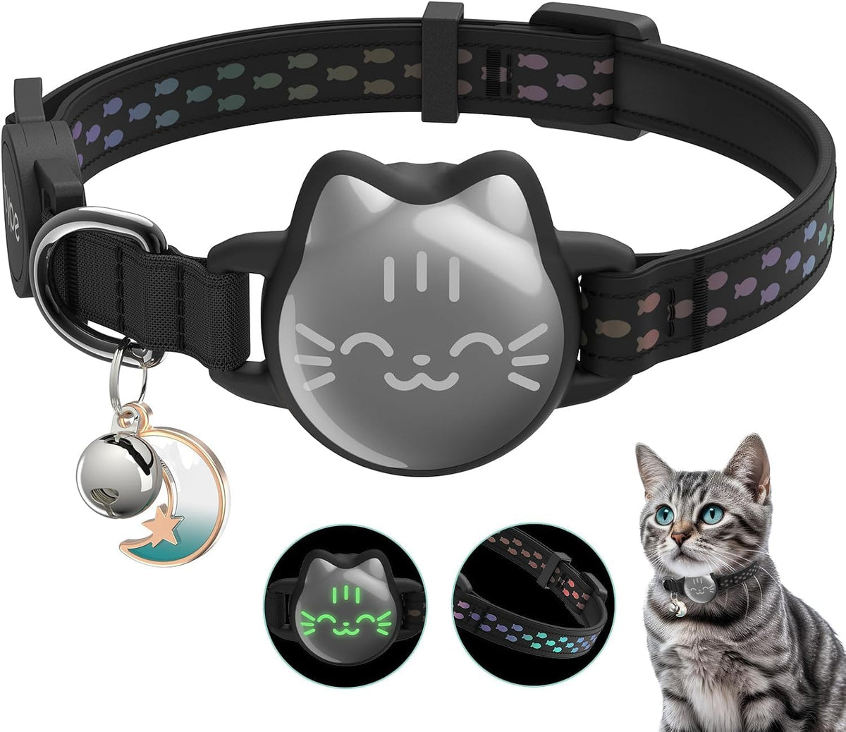 Cat collar with a bell charm and a small screen, featuring a cat face design at Pet Servo