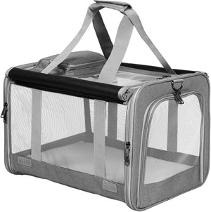 A gray pet carrier bag with mesh windows, dual top handles, and a black padded top trim, shown on a plain white background at Pet Servo
