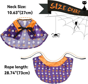 Halloween-themed pet collar with size chart on a white background at Pet Servo