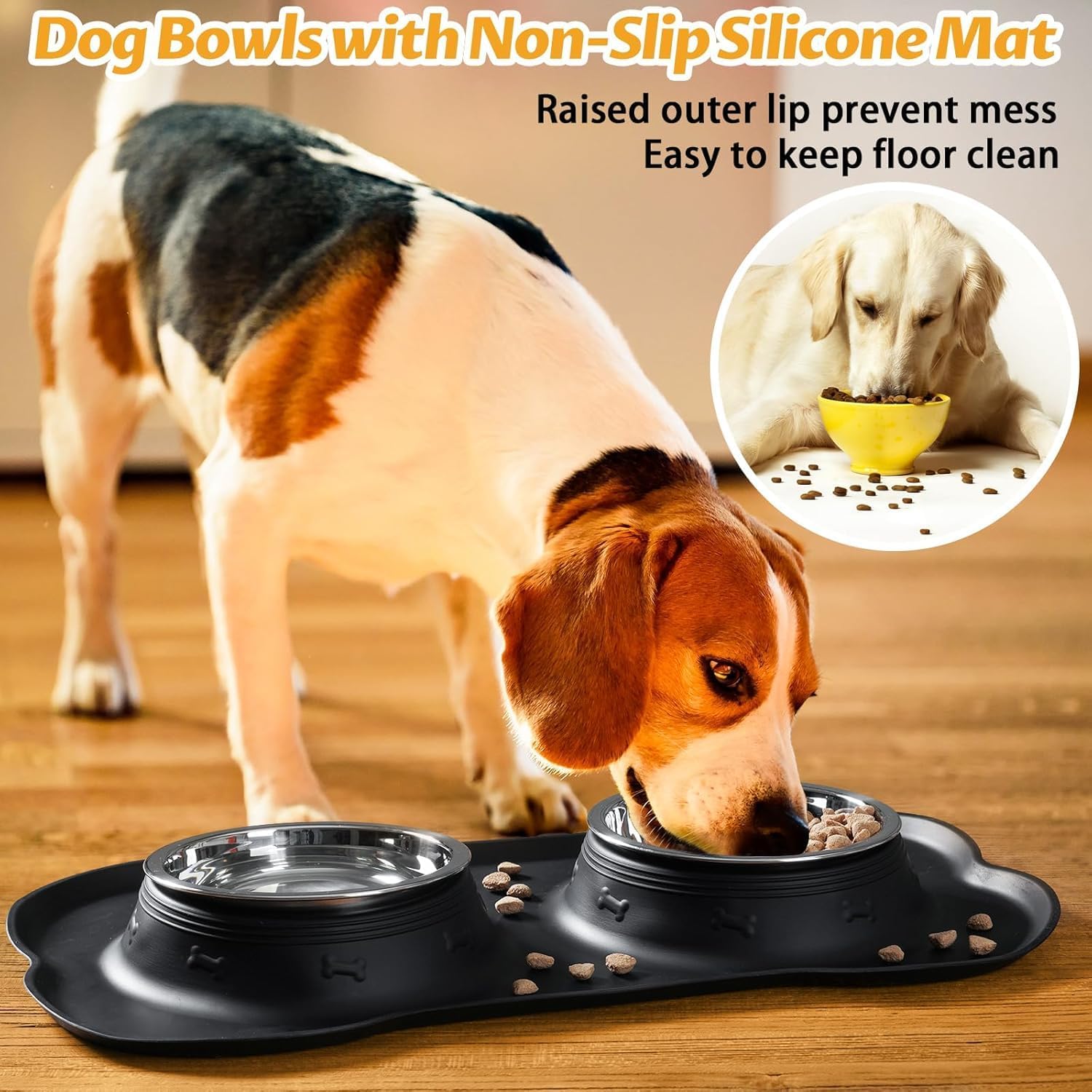 Dog drinking from a bowl on a non-slip silicone mat with text highlighting features at Pet Servo