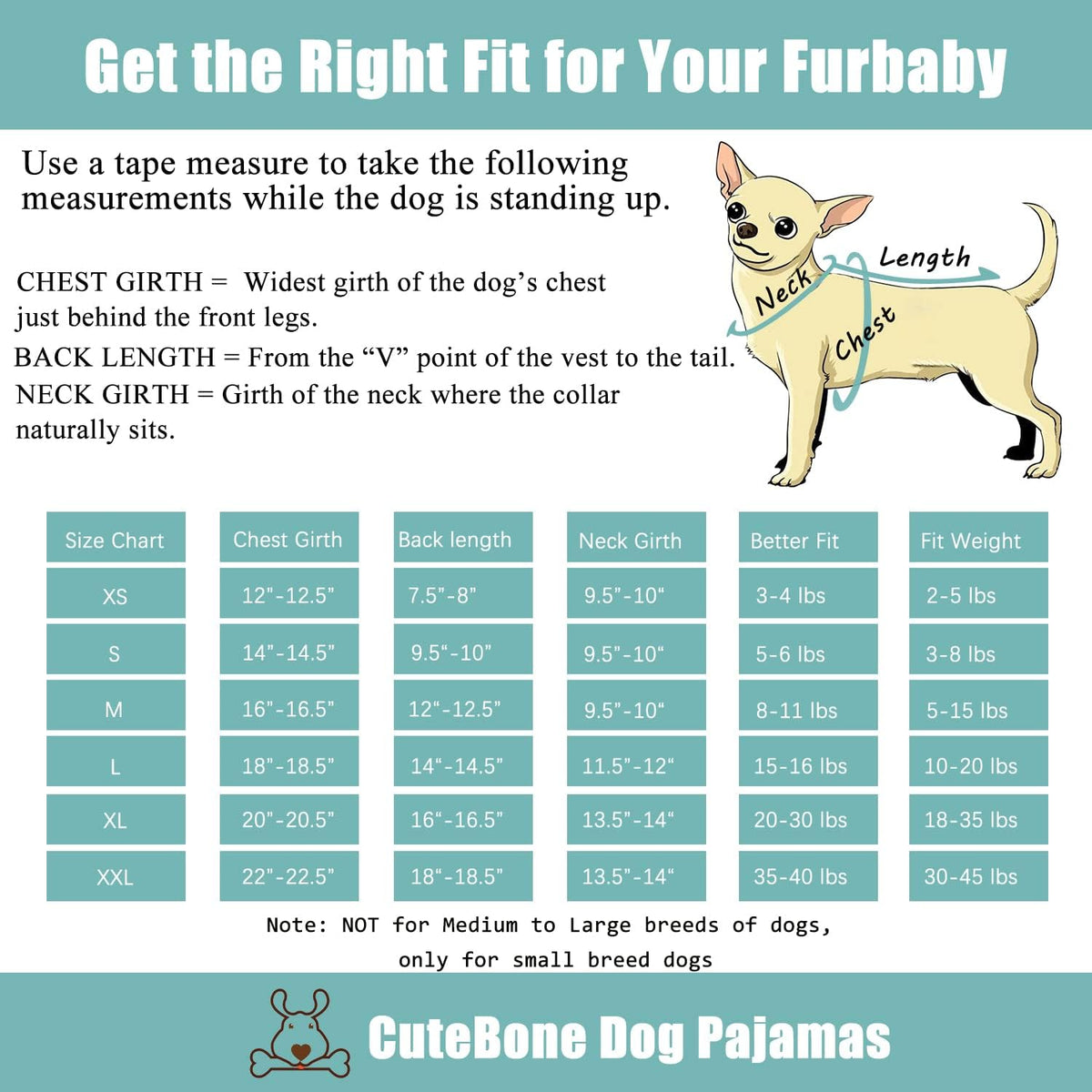 Dog pajama size chart with measurements and a cartoon dog illustration on a blue background at Pet Servo