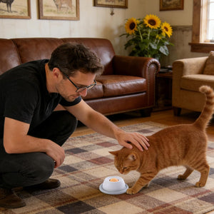 Man interacting with a cat on a checkered floor in a living room at Pet Servo