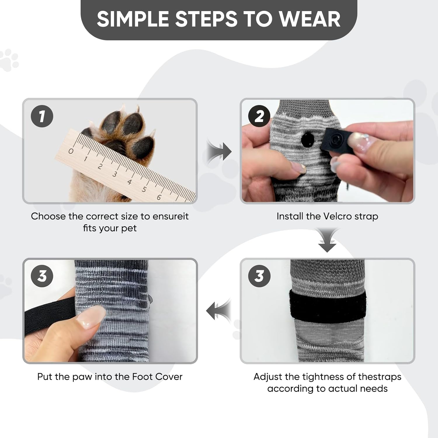 Step-by-step guide on how to wear pet foot covers with images and text instructions at Pet Servo