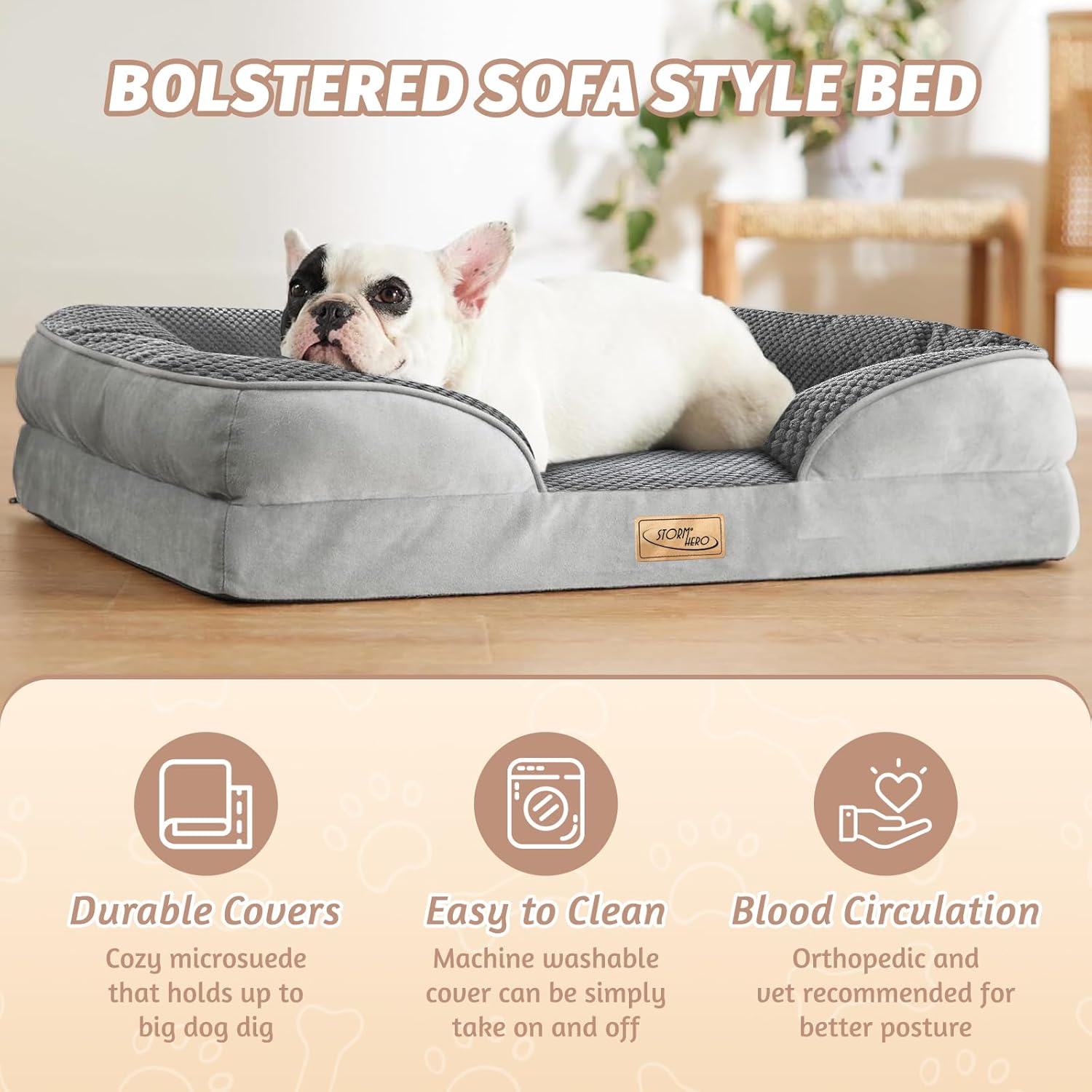Dog lying on a bolstered sofa style bed with product features highlighted at Pet Servo