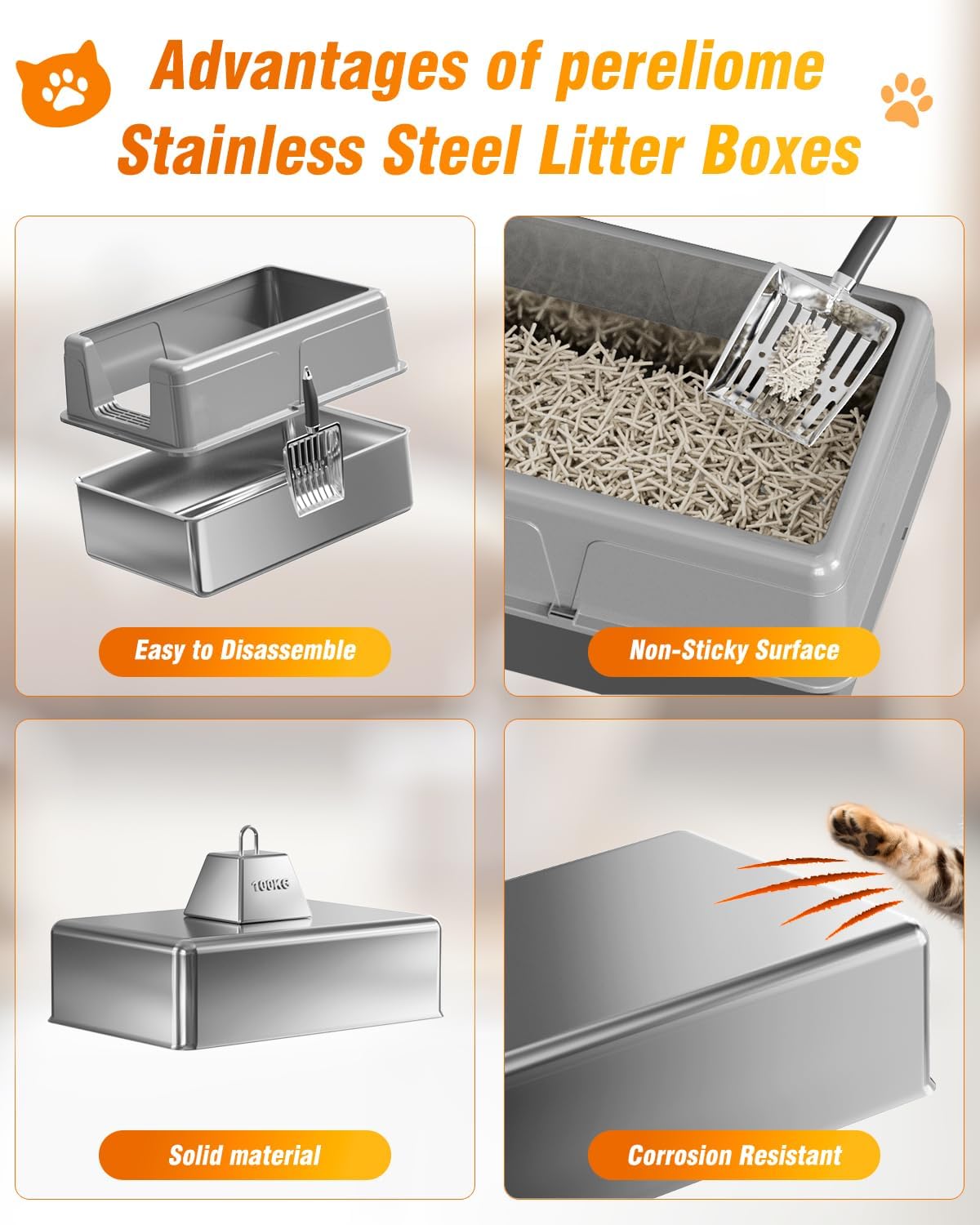 Advantages of pereliome Stainless Steel Litter Boxes with images and text on a beige background at Pet Servo