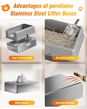 Advantages of pereliome Stainless Steel Litter Boxes with images and text on a beige background at Pet Servo