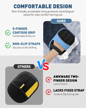 Comparison of a blue glove with 5-finger contour grip and non-slip straps to a black glove with awkward two-finger design and fixed strap at Pet Servo