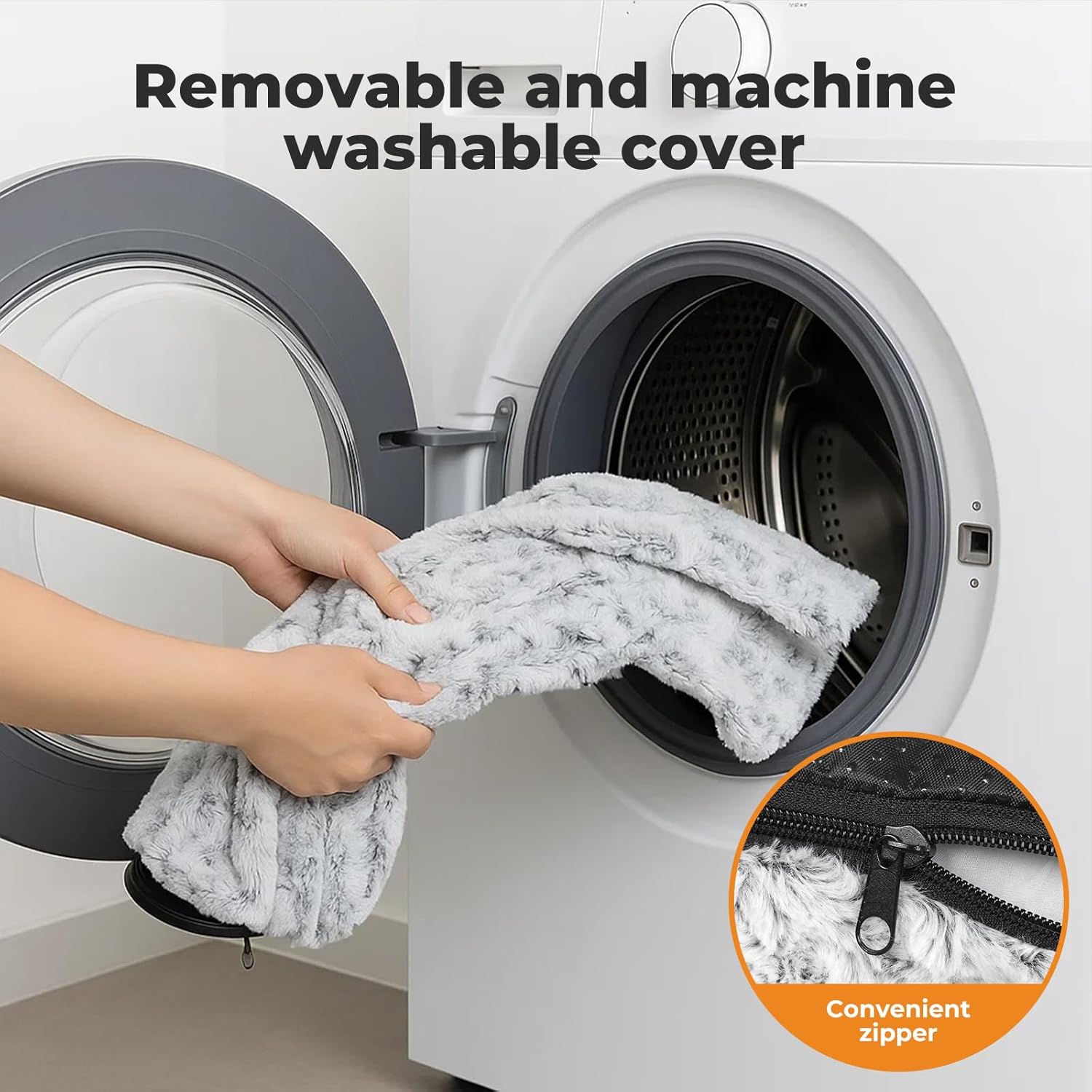 Person holding a blanket in front of an open washing machine with text 'Removable and machine washable cover' and inset showing a zipper at Pet Servo