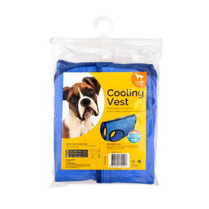 Blue cooling vest for dogs in a clear package with a yellow label featuring a dog's face at Pet Servo