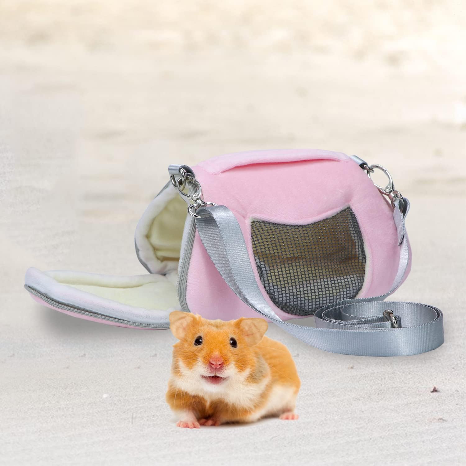 Pink pet carrier with a small animal on a light background at Pet Servo