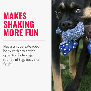 Dog playing with a blue toy, text about the toy's features on the left at Pet Servo