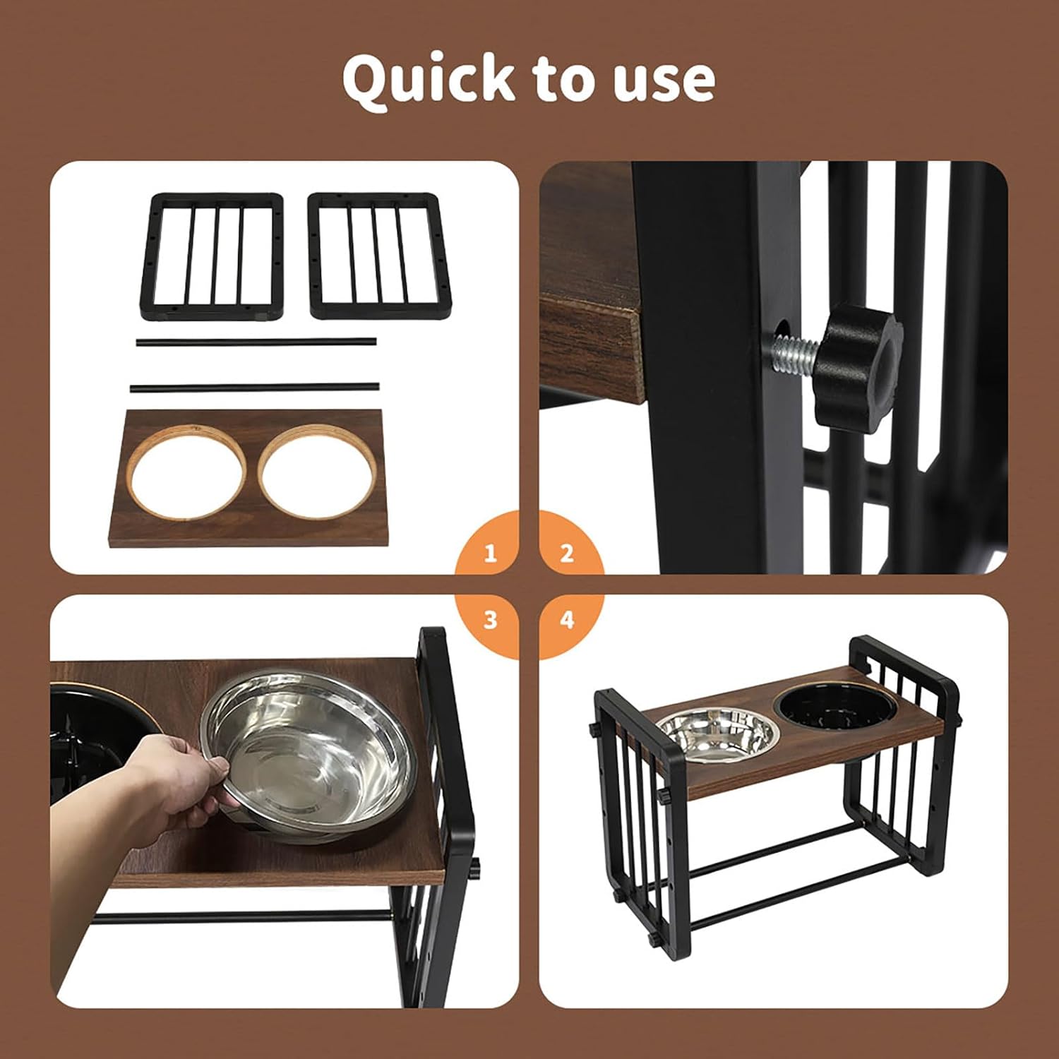 A 4-panel product demonstration graphic showing how to install and use a pet elevated feeding station. The panels show the included accessories, a close-up of the mounting hardware, a hand placing a stainless steel bowl onto the wooden and black frame, and the fully assembled feeding station with two bowls at Pet Servo
