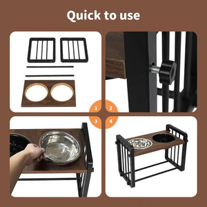 A 4-panel product demonstration graphic showing how to install and use a pet elevated feeding station. The panels show the included accessories, a close-up of the mounting hardware, a hand placing a stainless steel bowl onto the wooden and black frame, and the fully assembled feeding station with two bowls at Pet Servo