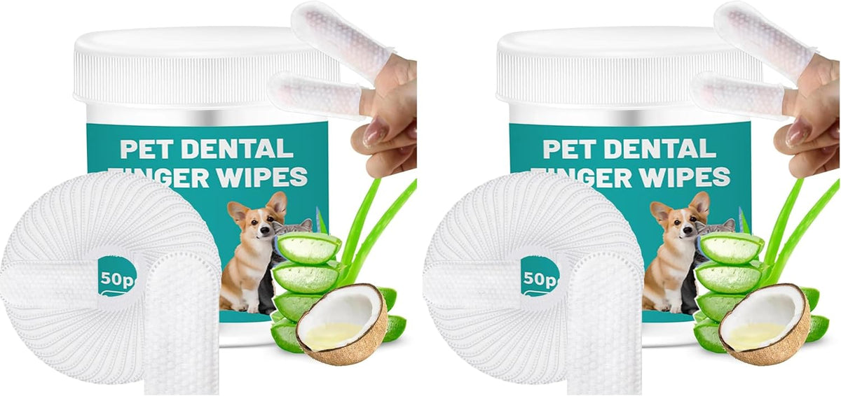 Two white plastic jars of pet dental finger wipes shown on a white background, each with a hand peeling back a white protective cover to reveal a roll of white wipes. Large white wipes are displayed in front of each jar, along with sliced aloe vera, a coconut half, and a small dog illustration on the labels at Pet Servo