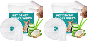 Two white plastic jars of pet dental finger wipes shown on a white background, each with a hand peeling back a white protective cover to reveal a roll of white wipes. Large white wipes are displayed in front of each jar, along with sliced aloe vera, a coconut half, and a small dog illustration on the labels at Pet Servo