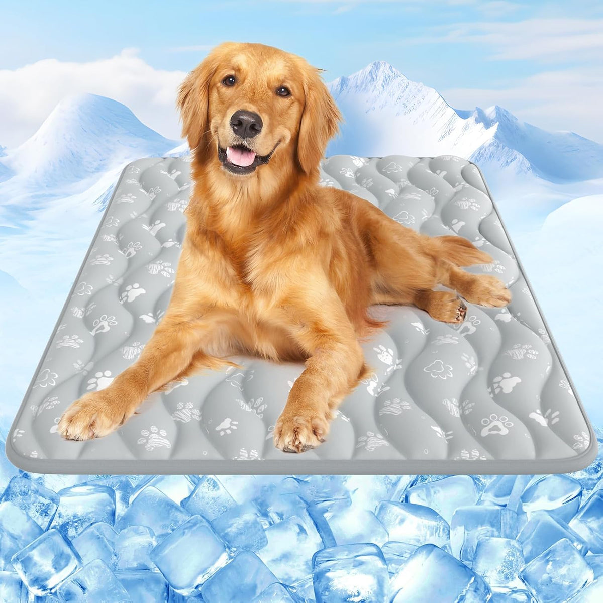 A golden retriever dog lies on a gray inflatable cooling mat with paw-print patterns, set against a snowy mountain background and ice cubes.
