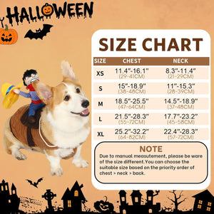 A Halloween-themed size chart graphic for a dog costume, featuring a corgi wearing the costume on the left and a size table on the right listing XS through XL chest and neck measurements. The background is orange with Halloween decorations including a bat, haunted house, pumpkins, and the word 'Halloween' at Pet Servo