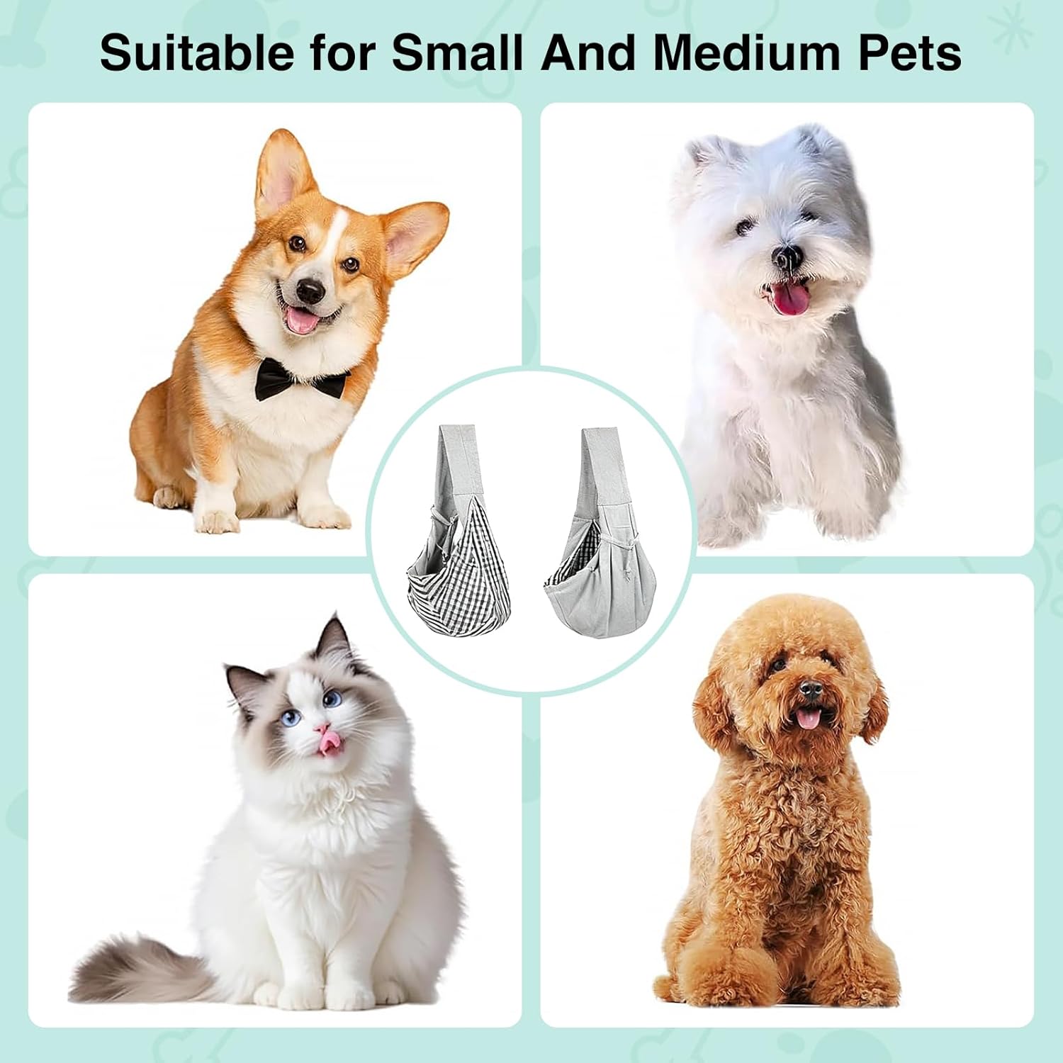 Collage of dogs and a cat with pet slings suitable for small and medium pets on a light blue background at Pet Servo
