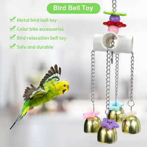 Bird bell toy with colorful beads and metal bells, featuring a bird perched nearby at Pet Servo
