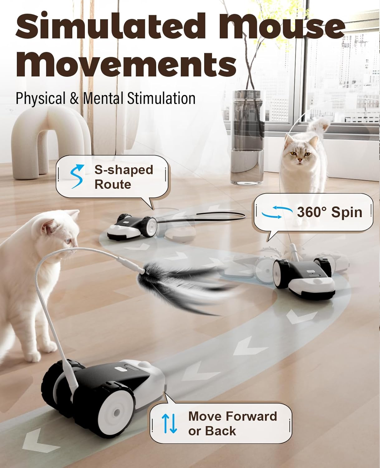 Robot pet toy with simulated mouse movements for cats in a home setting at Pet Servo