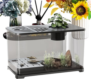 Small terrarium with plants and a turtle, surrounded by flowers on a white background at Pet Servo