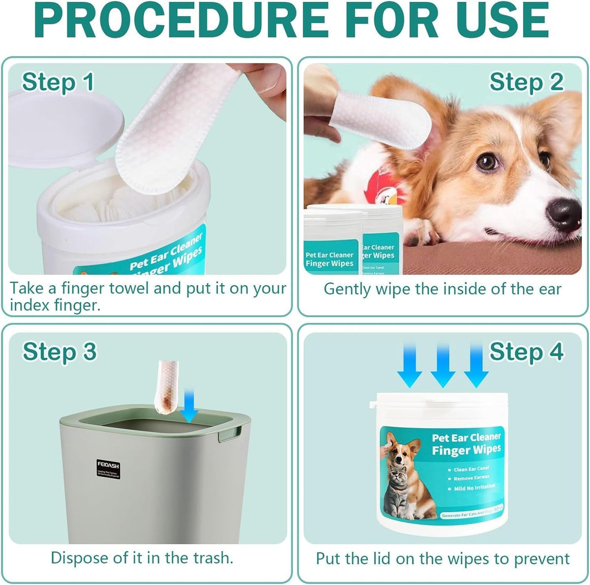 Step-by-step guide on using pet ear cleaner wipes with images and text at Pet Servo