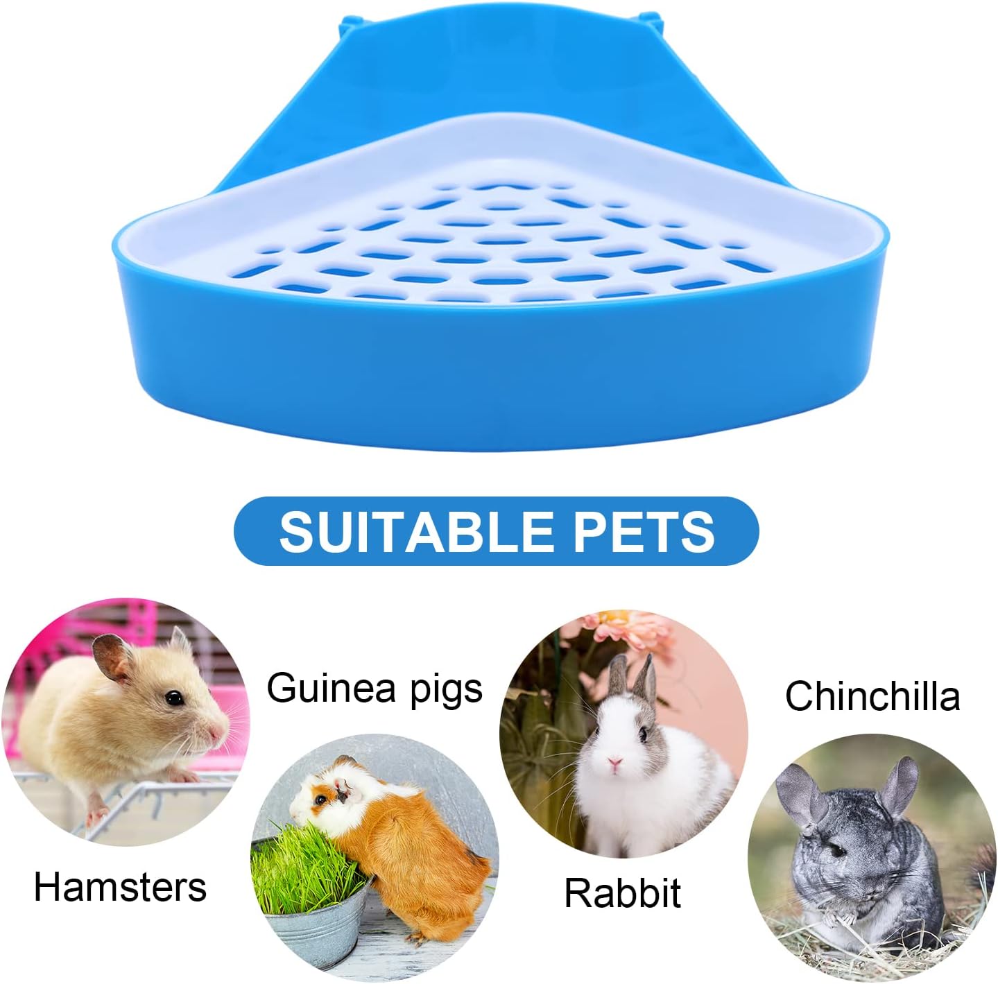 Blue pet litter tray with suitable pets for guinea pigs, rabbits, and chinchillas displayed below at Pet Servo