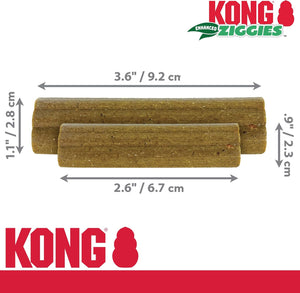 KONG Ziggies dog treat packaging with dimensions and KONG branding at Pet Servo