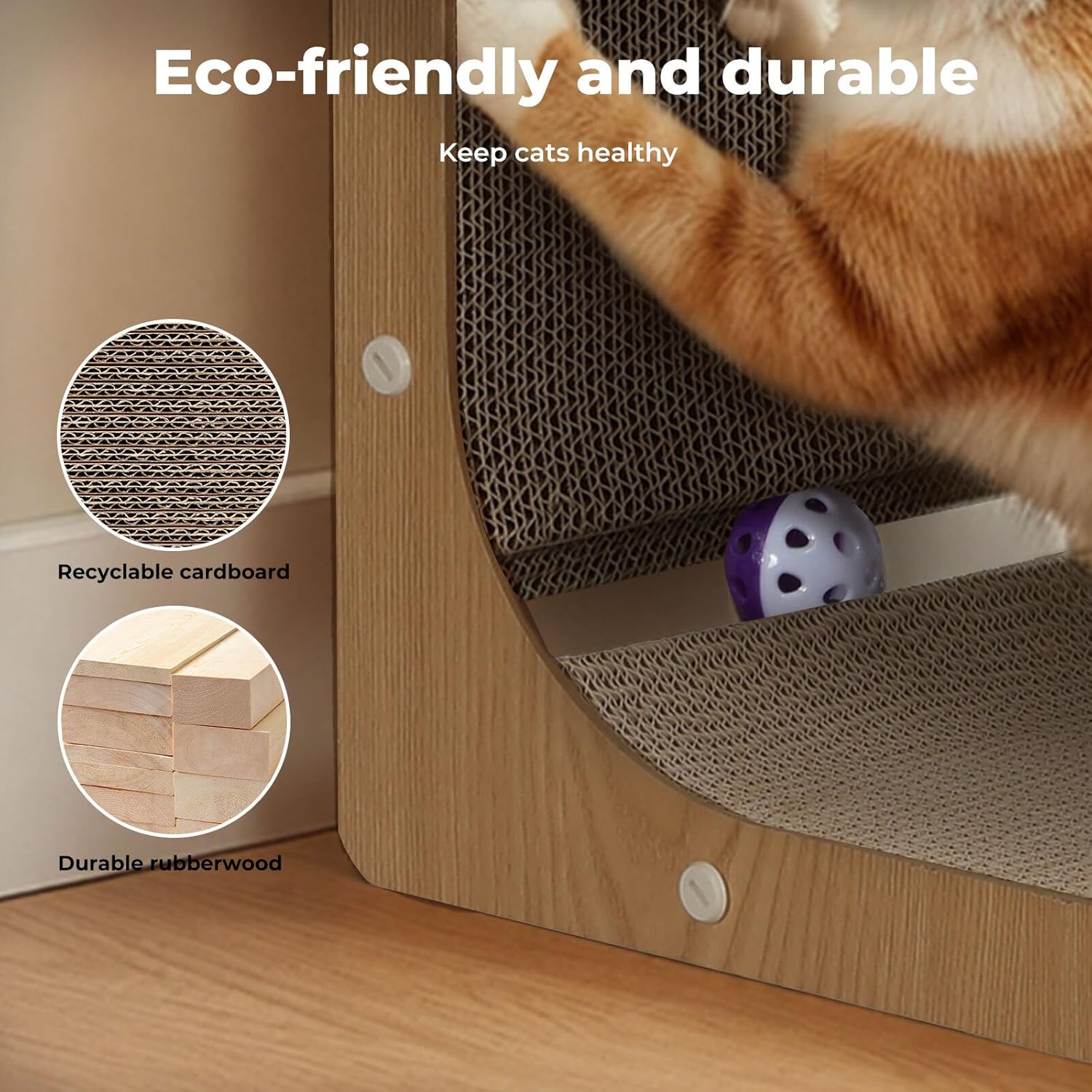 Cat using a wooden scratching post with text highlighting eco-friendliness and durability at Pet Servo
