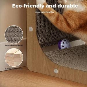 Cat using a wooden scratching post with text highlighting eco-friendliness and durability at Pet Servo