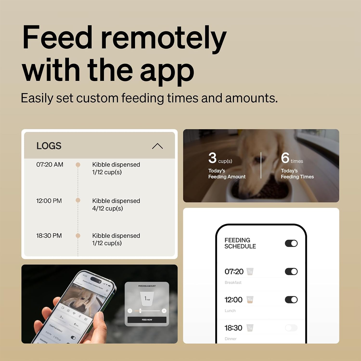 Advertisement for a remote pet feeding app with smartphone and app interface on a beige background.