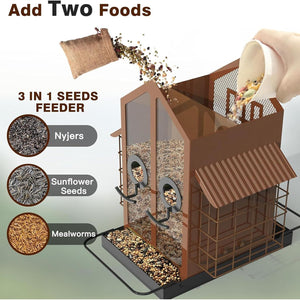 3-in-1 seeds feeder with a hand adding food and labeled seeds inside at Pet Servo