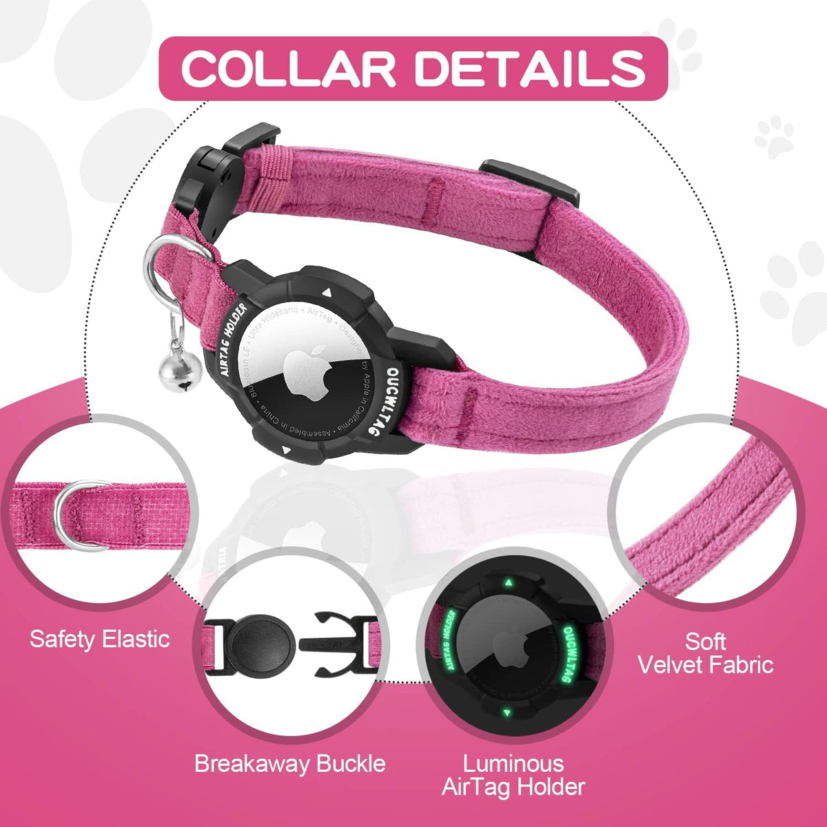 Pink dog collar with safety features on a pink background at Pet Servo