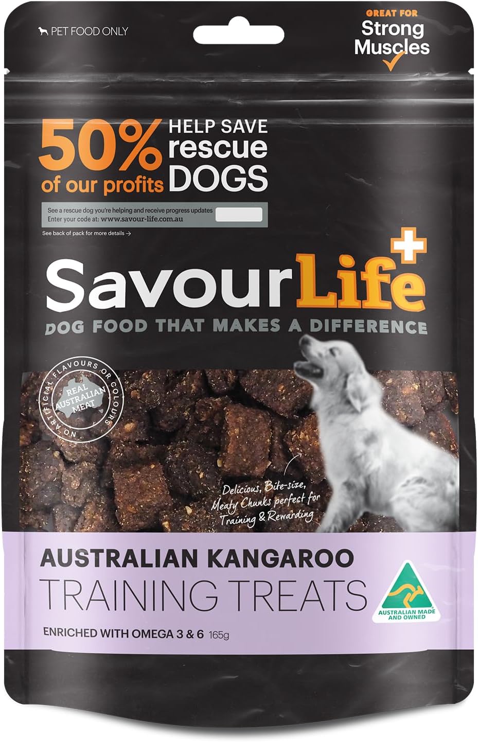 SavourLife Australian Kangaroo Training Treats packaging with a dog on a white background at Pet Servo