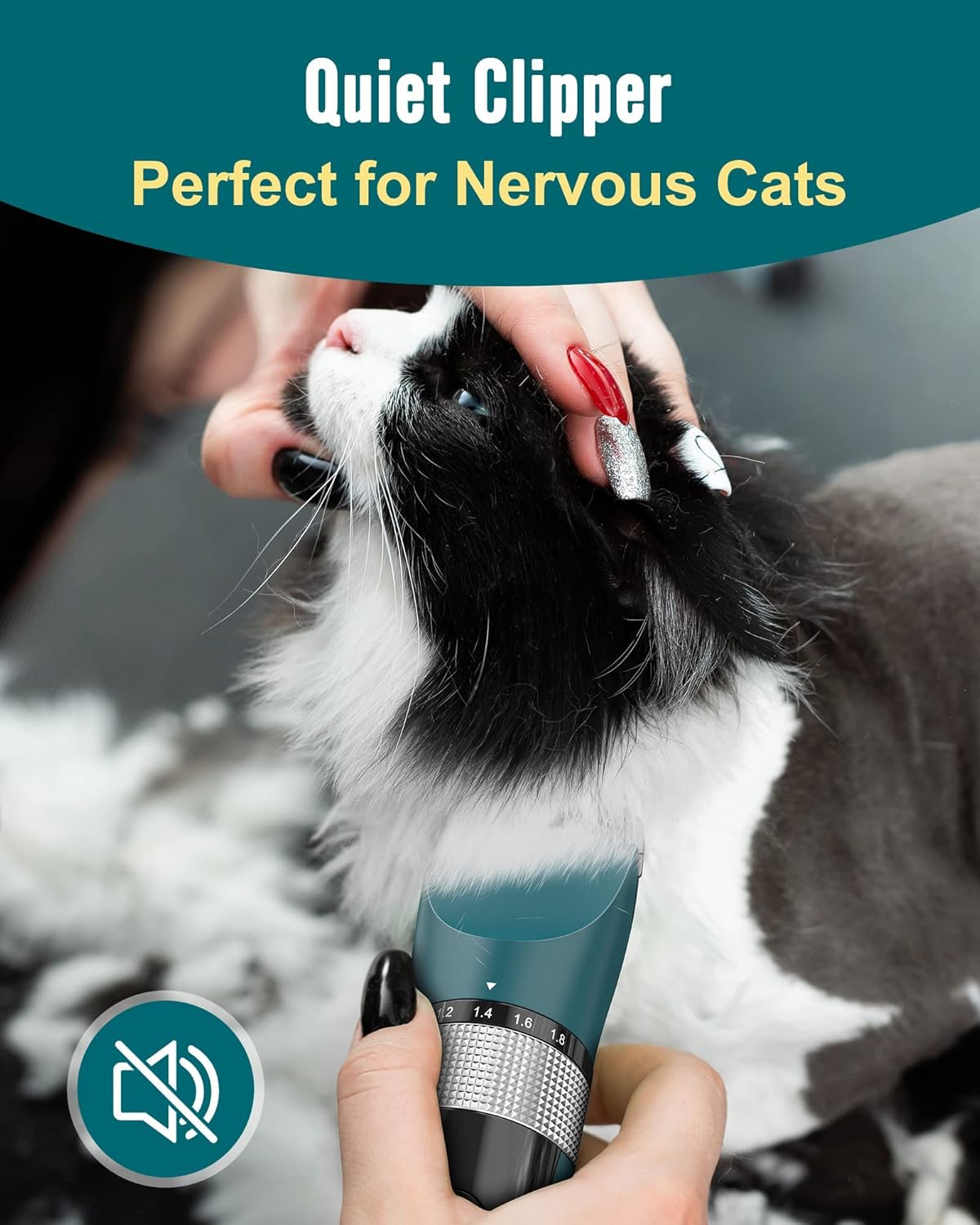 Cat being groomed with a quiet clipper, perfect for nervous cats, on a dark background at Pet Servo