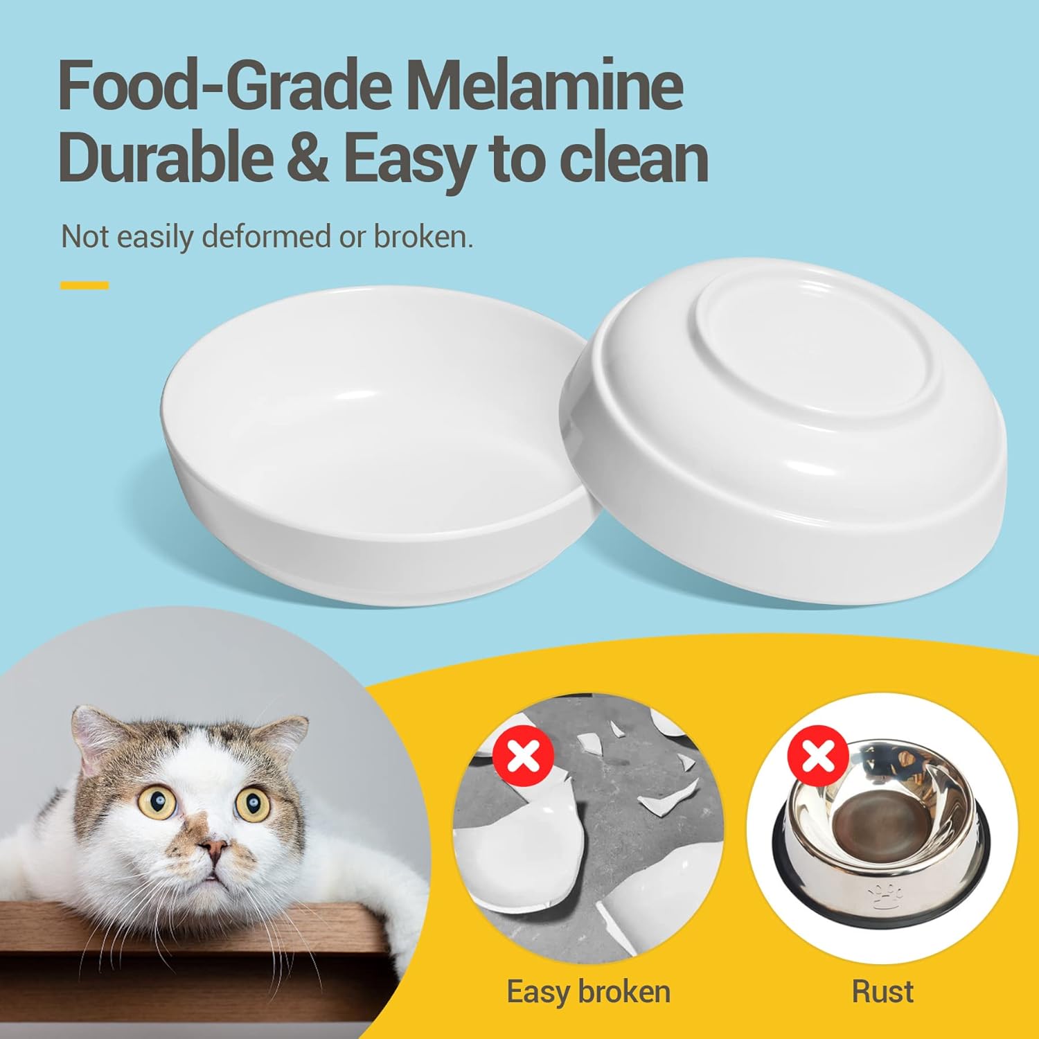 White pet bowls with a cat and images showing durability and cleanliness at Pet Servo