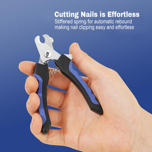 Hand holding a pair of pet nail clippers with text on a blue background at Pet Servo