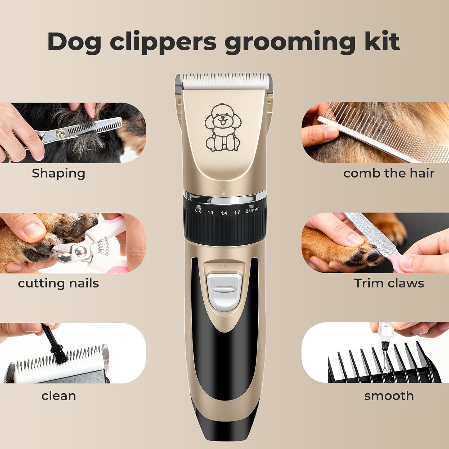Dog clippers grooming kit with various grooming tasks illustrated around it on a beige background at Pet Servo